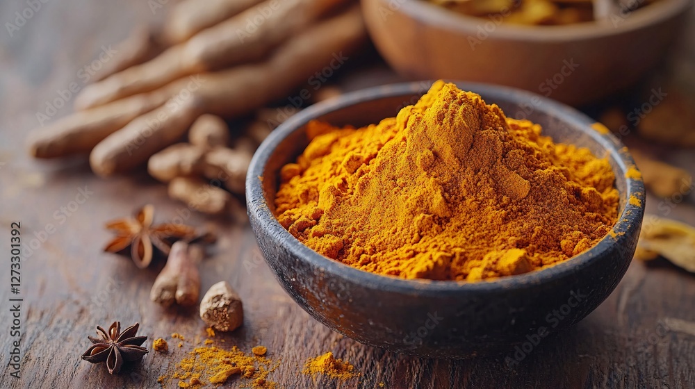 Turmeric Powder Bowl With Root And Spices Turmeric Powder Bowl With Root And Spices