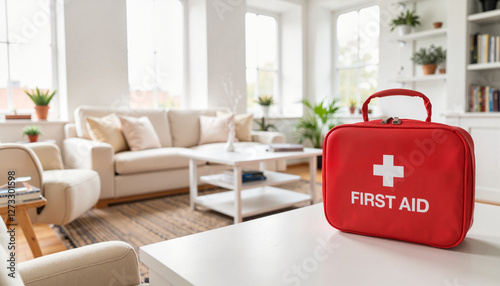 Stylish first aid kit on table in minimalist living room, home safety