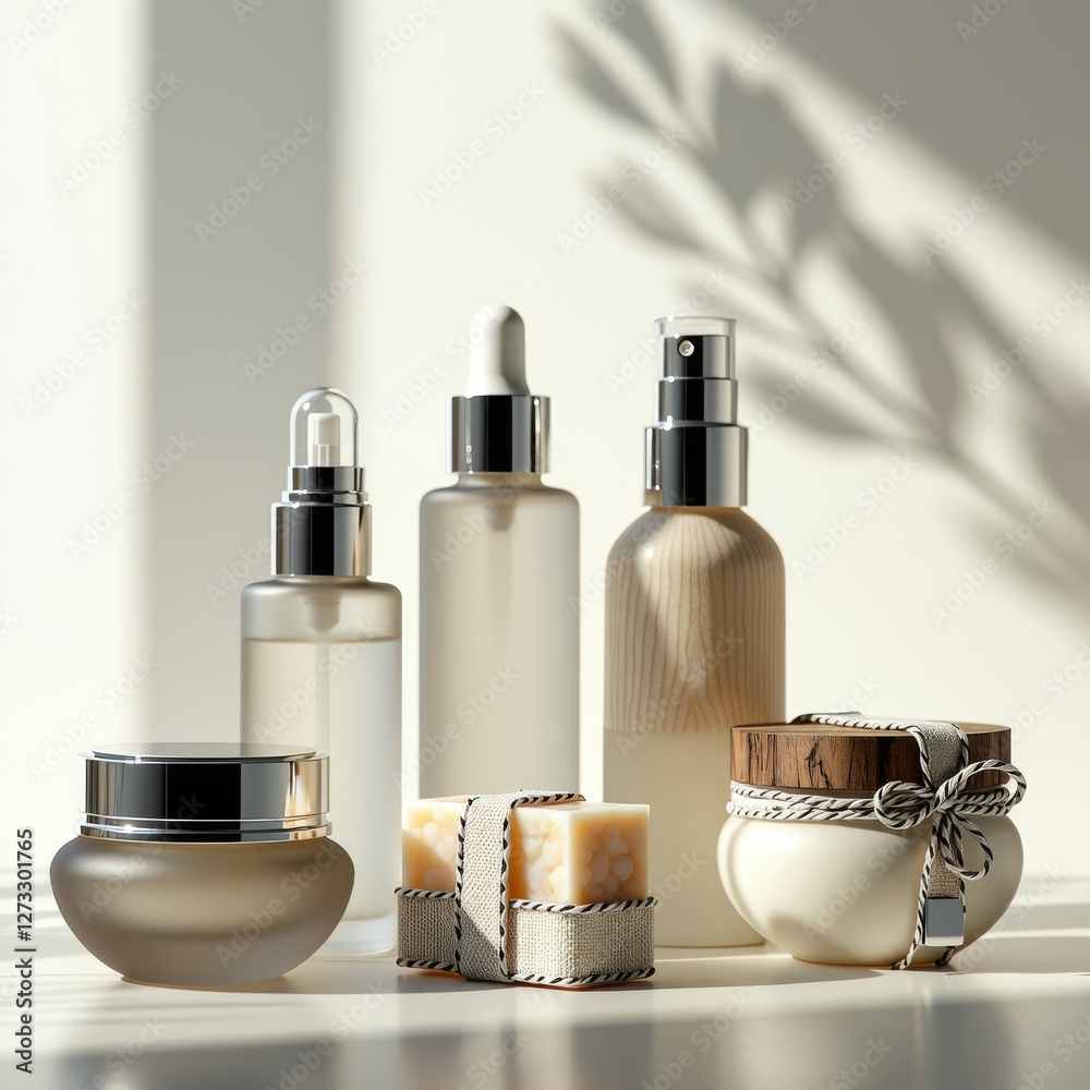 Natural beauty products. Elegant skincare bottles and jars with handmade soap arranged on white surface with leaf shadows, creating spa-like atmosphere.