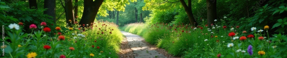Obraz premium Overgrown stone path through a thicket of trees, wildflowers, overgrown