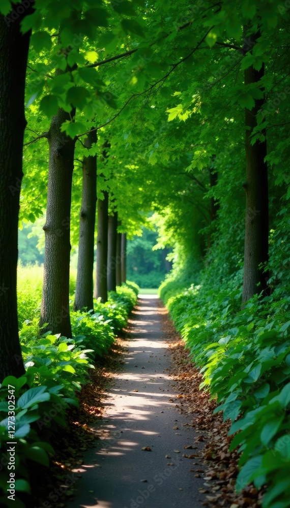 Fototapeta premium Leaves cast dappled shadows on lush green walkway, foliage, nature, botany