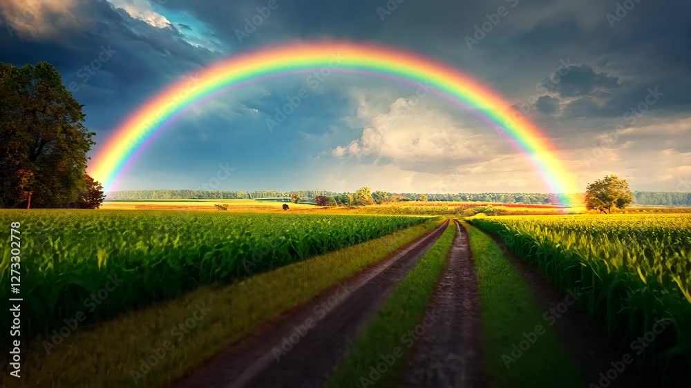 Vibrant rainbow arcs over lush green field, creating picturesque landscape where dirt road meanders through cornfields under dramatic sky filled with clouds, showcasing beauty of nature. Vibrant rainbow arcs over lush green field, creating picturesque landscape where dirt road meanders through cornfields under dramatic sky filled with clouds, showcasing beauty of nature.