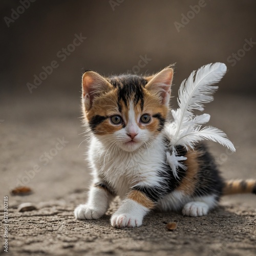 A small calico kitten reaching out to touch a soft white feather.