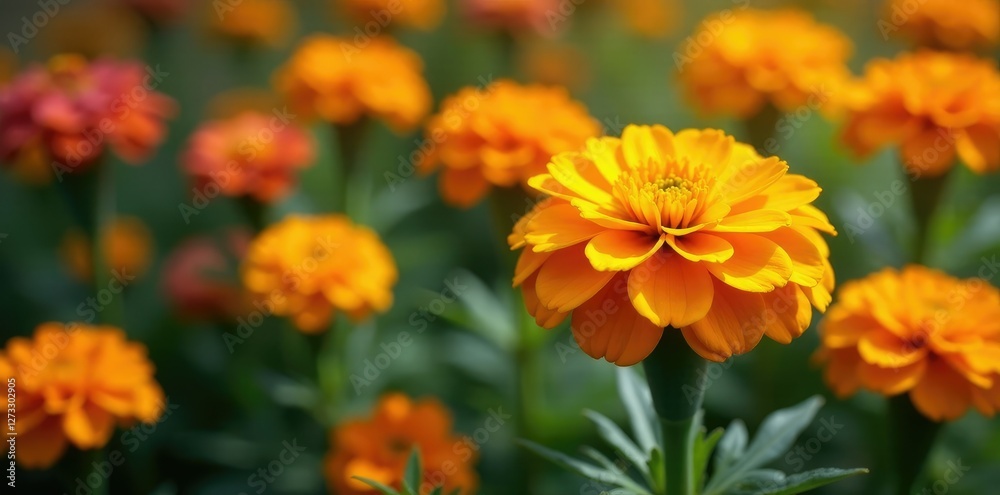 Marigold flowers in a garden bed with other flowers, blossom, bed Marigold flowers in a garden bed with other flowers, blossom, bed