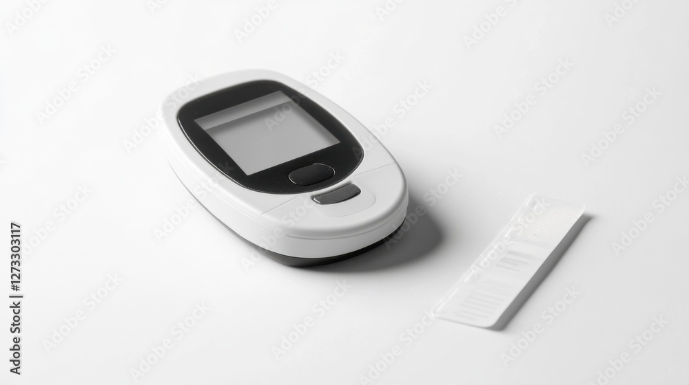 A glucose meter showing a blood sugar reading on the screen with a test strip beside it. Featuring self-monitoring and health care A glucose meter showing a blood sugar reading on the screen with a test strip beside it. Featuring self-monitoring and health care