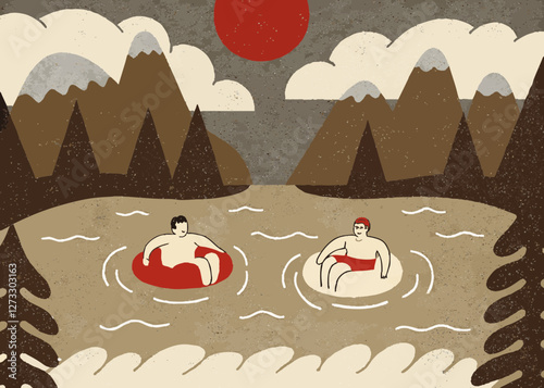 Illustration of a couple enjoying their vacation floating on a lake. In the great nature. Cute touch.