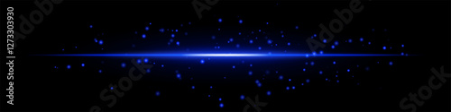 Light streak set icon. Blue neon horizontal glow with floating particles on a dark background. Sci-fi energy beam, futuristic motion, and digital acceleration