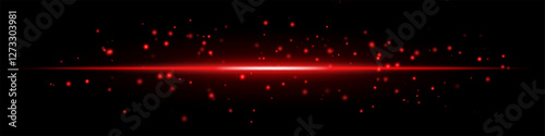Red energy flare with glowing particles bright horizontal beam on a dark background. The scattered light dots futuristic, high-tech effect, sci-fi, digital visuals, abstract light compositions