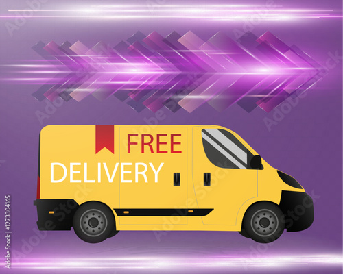 Futuristic delivery vans with speed motion effects on a dynamic background. Text "DELIVERY FAST".