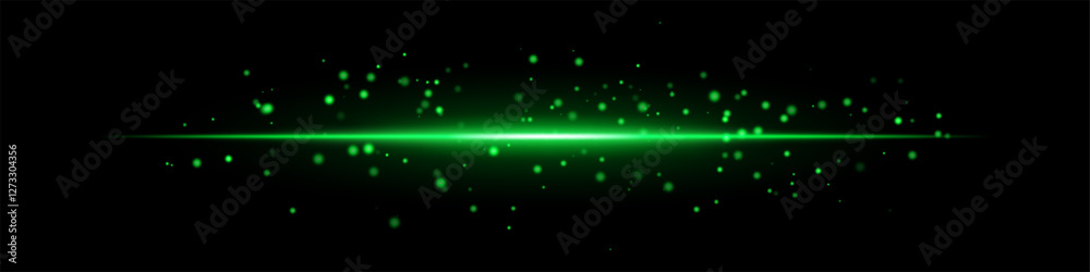Fototapeta premium Green laser beam with glowing particles and energy sparks on a dark background. The scattered light orbs create a futuristic, sci-fi effect, digital art, space themes, abstract light compositions.