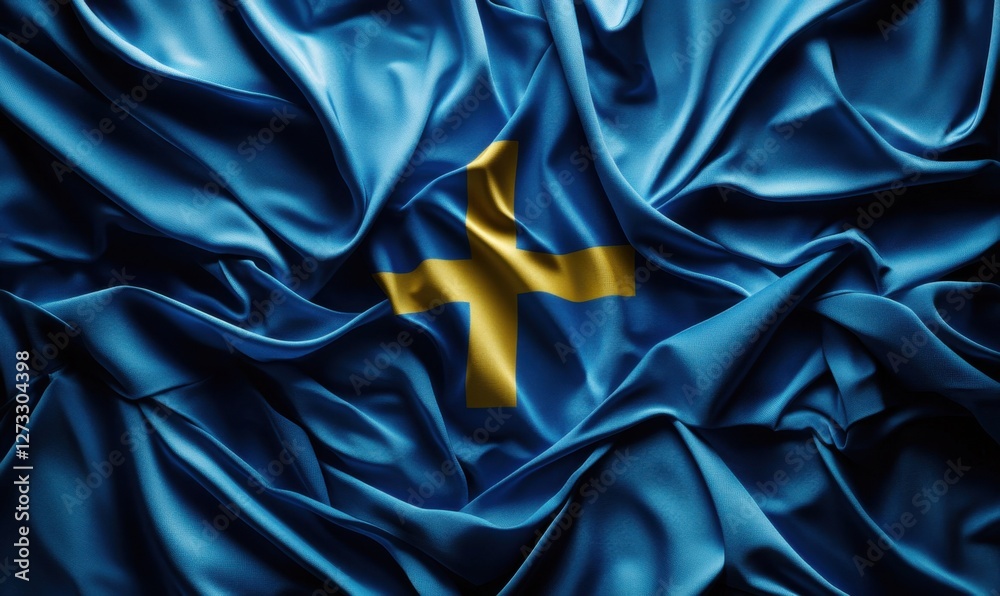 Fototapeta premium A close-up view of a flowing blue and yellow fabric, representing the Swedish flag, with soft folds and shadows, evoking a sense of national pride and cultural identity