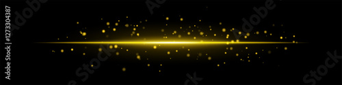 Golden laser beam with glowing particles and energy sparks on a dark background. The scattered light orbs create a futuristic, sci-fi effect, digital art, space themes, abstract light compositions.