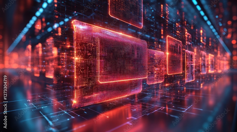 Fototapeta premium Glowing data blocks in digital corridor; futuristic tech background