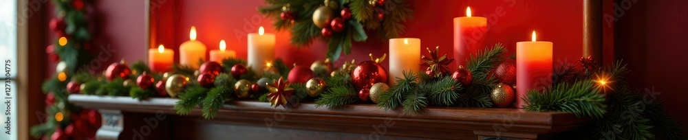 Red and gold Christmas wreath on a mantel with candles, gold, red, christmas wreath