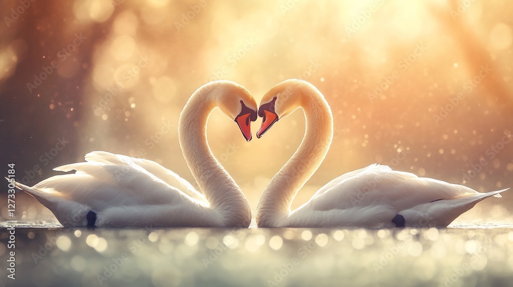 Fototapeta premium Two swans forming heart shape in sunset.
