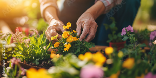 Senioren pflanzt Blumen ins Blumenbeet