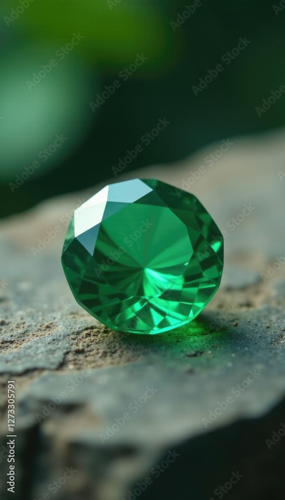 Fototapeta premium Round cut emerald against a natural stone background, Minimalism, RoundCut