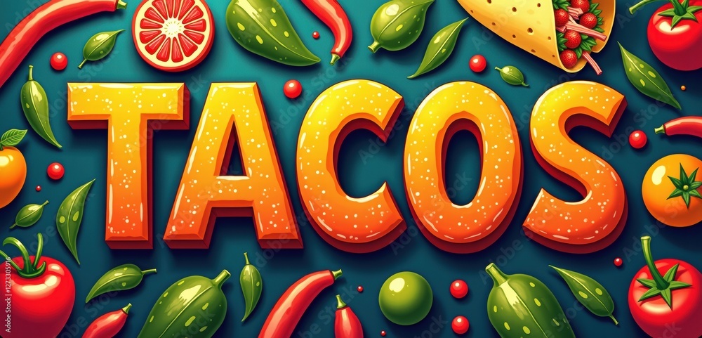 Fototapeta premium Vibrant and colorful taco-themed graphic featuring fresh vegetables, perfect for food-related projects, menus, or marketing materials.