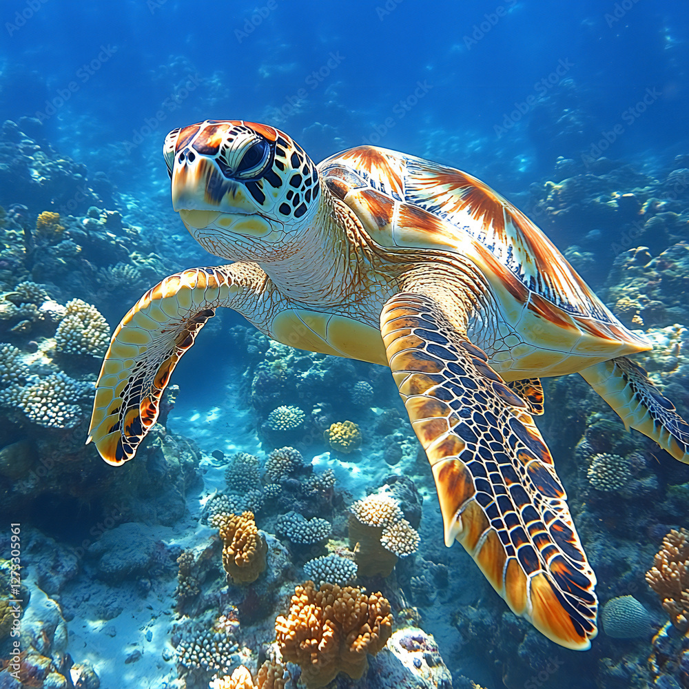 Fototapeta premium Green sea turtle glides through the blue tropical ocean, a magnificent marine reptile gracefully swimming over a vibrant coral reef