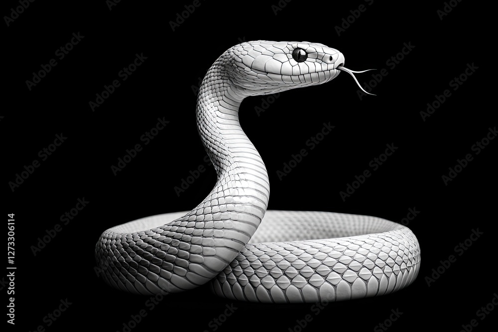 Fototapeta premium A striking black-and-white image of a snake, poised with its head raised and tongue flicking, showcasing intricate scales and a menacing presence.