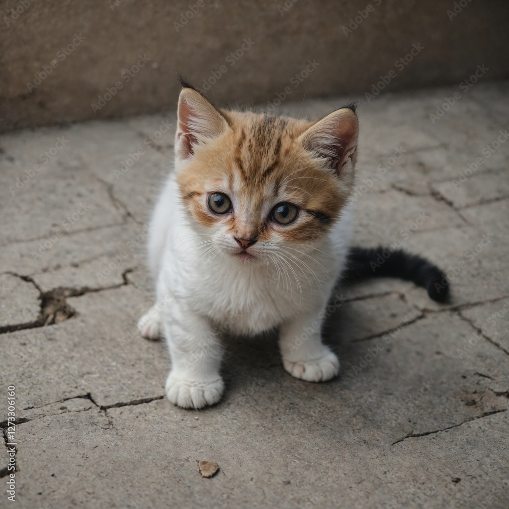 A shy kitten with large eyes hiding its face under its paws, surrounded by white.