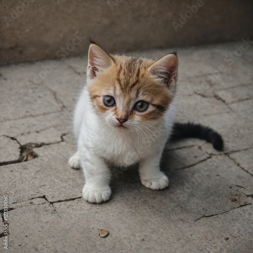 A shy kitten with large eyes hiding its face under its paws, surrounded by white.