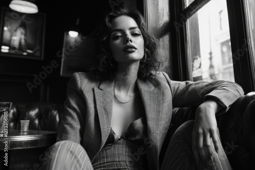 Black and white portrait of a woman looking out of a window in deep thought