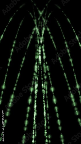 Symmetrical abstract structure with glowing green lines on a black background, creating a dynamic and futuristic effect, ideal for digital concepts