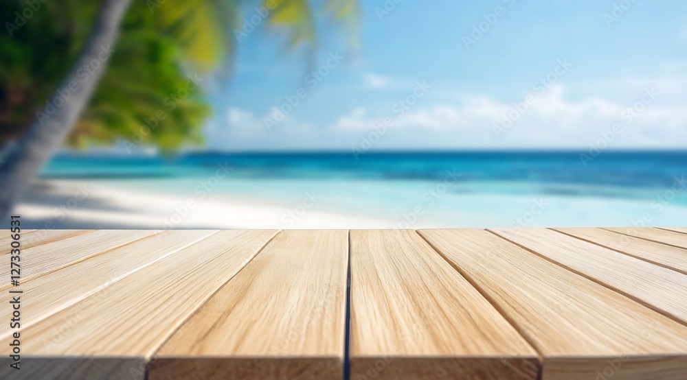 Fototapeta premium Wooden table in foreground with a vibrant blurred tropical beach scene in background : Generative AI