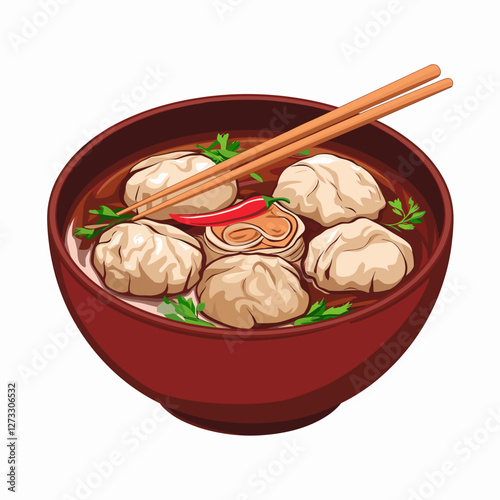 Illustrated Bakso Meatball Soup in a Red Bowl