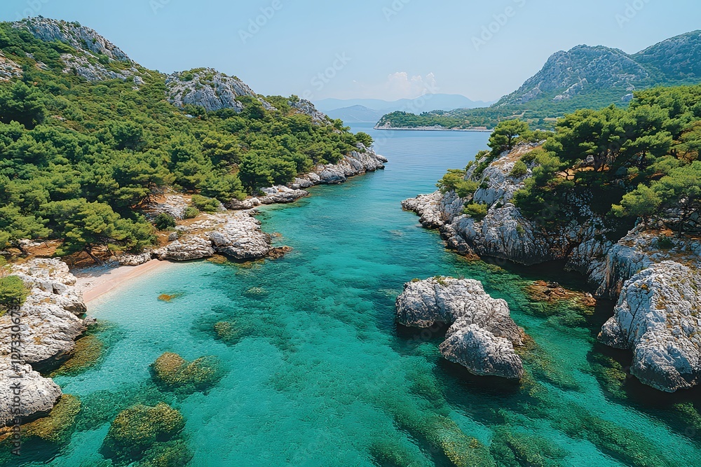Fototapeta premium Serene Coastal Cove with Crystal Clear Waters and Lush Greenery