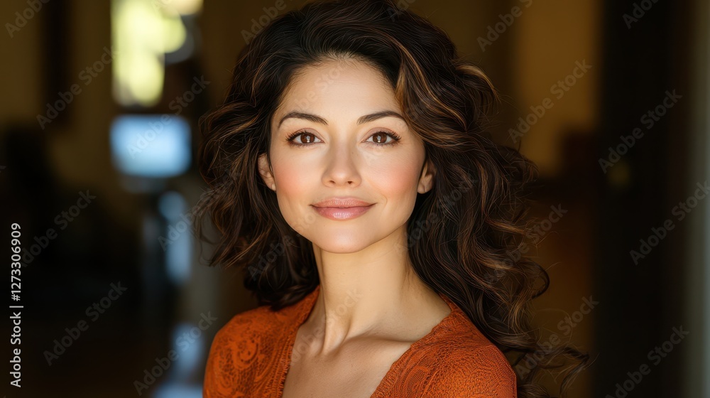 custom made wallpaper toronto digitalConfident and Beautiful Brunette Woman in Orange Sweater Headshot