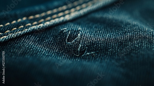 Close-up of dark blue denim fabric with stitching and small hole.