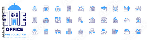 Office icon collection. Bold line style. Duotone colors. briefcase, building, architectonic, desk, corporate, office, post office, workplace, ticket office, in person, headquarters, maintenance, block