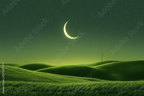 Crescent moon over green hills at night with stars and a wind turbine background, for eco projects photo