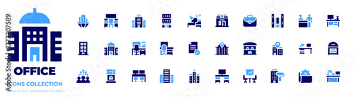 Office icon collection. Bold style. Duotone colors. briefcase, building, architectonic, desk, corporate, office, post office, workplace, ticket office, in person, headquarters, maintenance, block