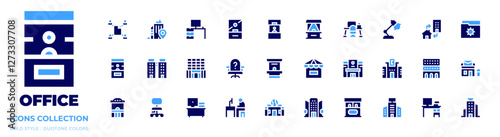 Office icon collection. Bold style. Duotone colors. lamp, desk, telecommuting, folder, office, shared, police station, tax, office chair, ticket office, post office, office table, building