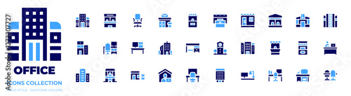 Office icon collection. Bold style. Duotone colors. workplace, building, work from home, coworking space, office desk, ticket office, office chair, office, tourist office, post office, desk