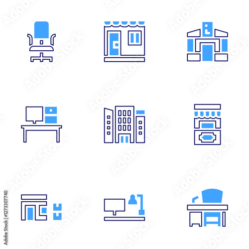 Office icon set. Bold line style. Duotone colors. Editable stroke. building, coworking space, office chair, office, tourist office, ticket office, desk