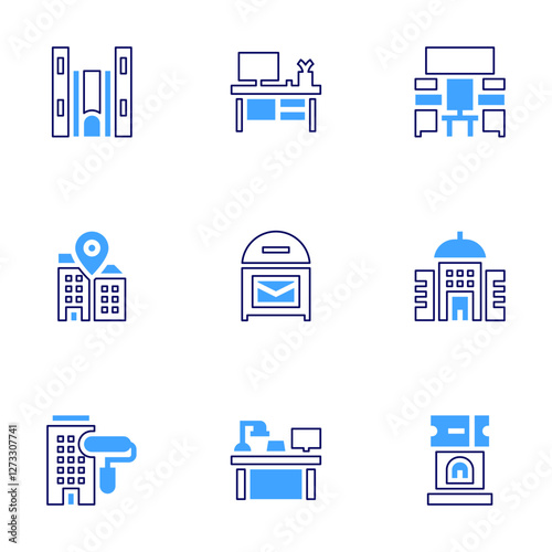 Office icon set. Bold line style. Duotone colors. Editable stroke. architectonic, desk, office, post office, maintenance, meeting room, ticket office