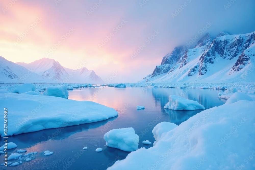 Obraz premium Snowy landscape with frozen lakes and icebergs, snowy landscape, blizzard conditions, frozen lakes
