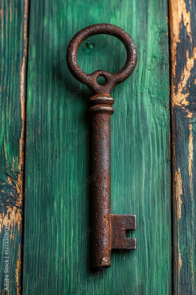 custom made wallpaper toronto digitalVintage old rusted Key on green wooden background. Generative Ai