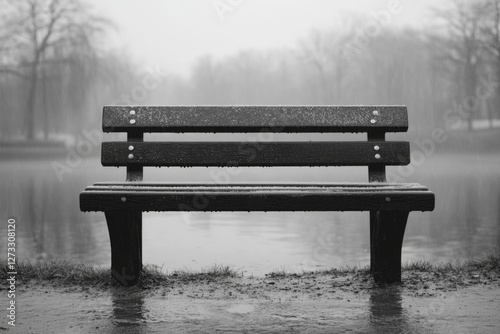 Black and white winter scene with an empty bench in the park photo