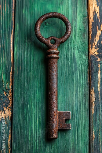 Wallpaper Mural Vintage old rusted Key on green wooden background. Generative Ai Torontodigital.ca