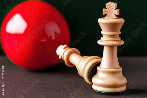 Close-up of wooden chess pieces next to a red billiard ball, symbolizing strategy and competition. Perfect for game enthusiasts.