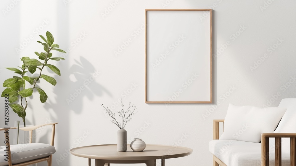 Fototapeta premium Serene Modern Interior: A minimalist interior with sunlight streaming through, highlighting a blank framed art, a stylish seating area, and a potted plant, capturing the essence of calm, elegance.