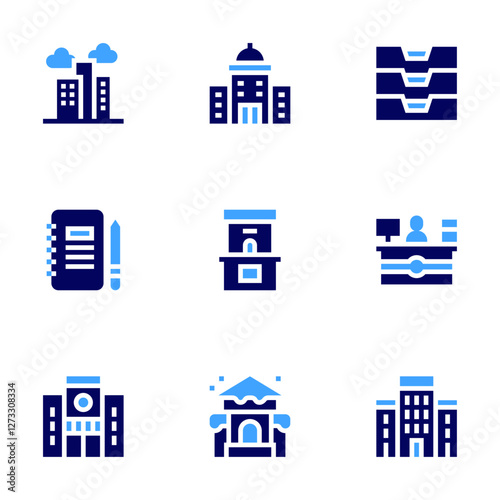 Office icon set. Bold style. Duotone colors. desk, ticket office, office material, inbox, city hall, architectonic, news, city building, buildings