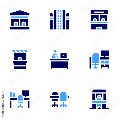 Office icon set. Bold style. Duotone colors. office desk, ticket office, office chair, office, desk, office building