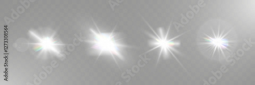 Bright white light explosion with lens flare, rainbow reflections, and sparkles on transparent background.	