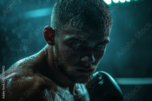 Muscular athlete training in a dark boxing gym with intense lighting